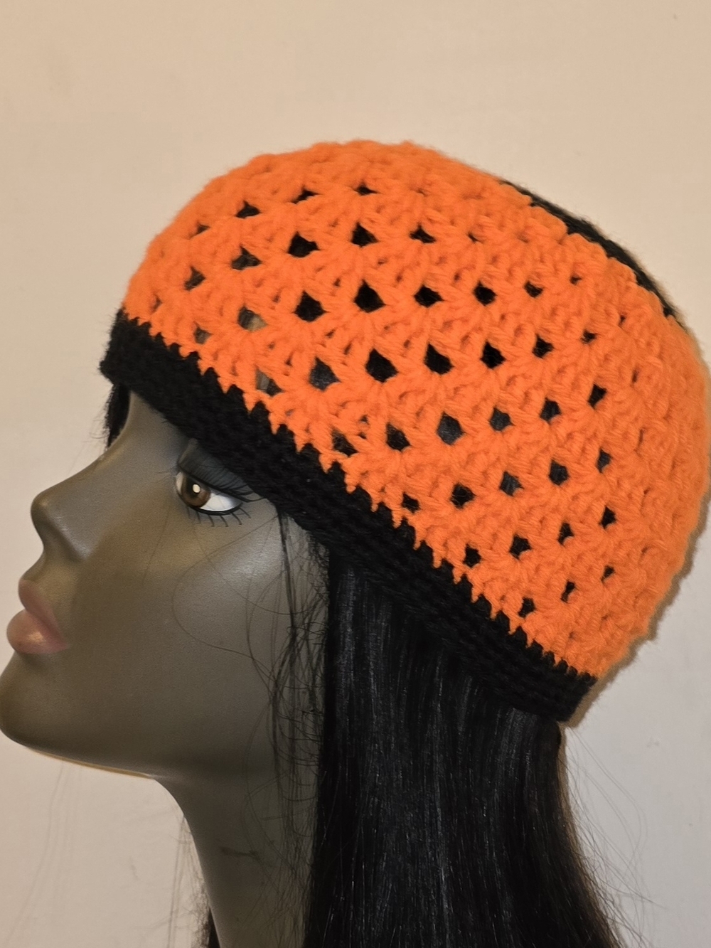 UNISEX Two-Tone Orange and Black Crochet Beanie